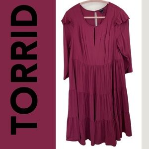 Torrid Burgundy Tiered Midi Dress – Size 0 (Large 12/14) Cottagecore